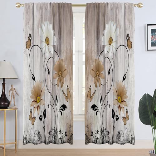AAtter Brown Floral Window Curtains, Wide Long 52" W x 84" L, 2 Panels