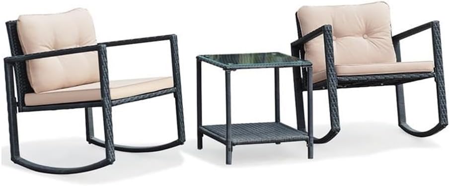 Pemberly Row 3-Piece Patio Conversation Set, Cushioned Rocking Chairs, Beige PE Wicker with Steel Frame, Glass-Top Table with Storage Shelf, Outdoor Furniture for Patio, Balcony, or Garden