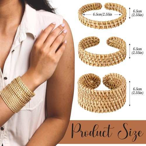3 Pcs Handwoven Wooden Braided Rattan Knit Cuff Bracelet Adjustable Bohemian Chunky Wrap Bangle for Women Summer Ethnic Tribal Wrist Jewelry2