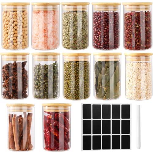 FoiiLiio 12 Stück Gewürzgläser Set mit Bambus Deckel, 250ml Gewürzdosen Set Glas, Gewürzbehälter SpiceJars, Gewürze Aufbewahrung, Gewürz Organizer, Gewürzaufbewahrung für Kräuter & Tee [6,5cm x 10cm]