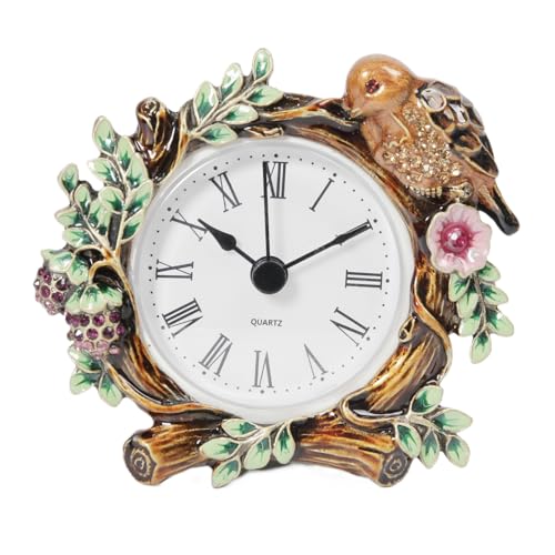 Petite horloge de table, 11 cm de diamètre, horloge de bureau vintage florale décorative en métal, idéale pour bureau, étagère, dessus de table et table...