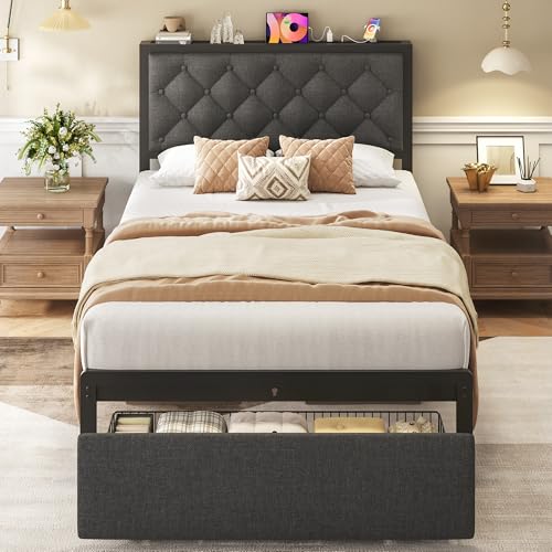Image of Fluest Twin Bed Frame with Storage Drawer, Upholstered Headboard Button Tufted Bed Frame with Charging Station, No Box Spring Needed, Noise-Free, All Metal Structure, Grey