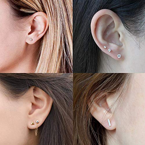 Sterling Silver Stud Earrings - 4 Pairs Small Silver Ball Earrings Triangle Stud Earrings Round CZ Earrings Bar Earrings Set Hypoallergenic Cartilage Tragus Earrings(3mm2&5mm2)4