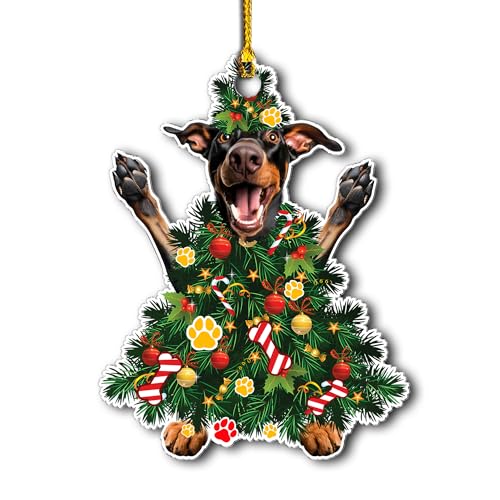 Adorno para árbol de Navidad de Doberman Pinscher 2024, decoración colgante de acrílico festivo con adorable perro Doberman, adorno para árbol de Navidad