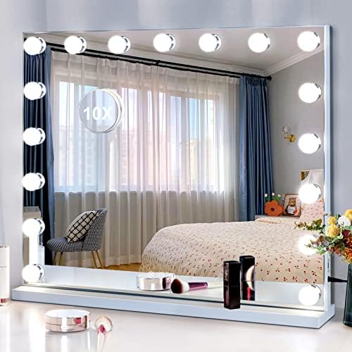 DASLAVA Vanity Mirror with Lights 25" x 21" Large Hollywood Vanity Mirror with Lights 17 Bulbs 10X Magnifying Compact Mirror, 3 Colors Modes, Touch Control Mirror with Lights, USB Charging Port