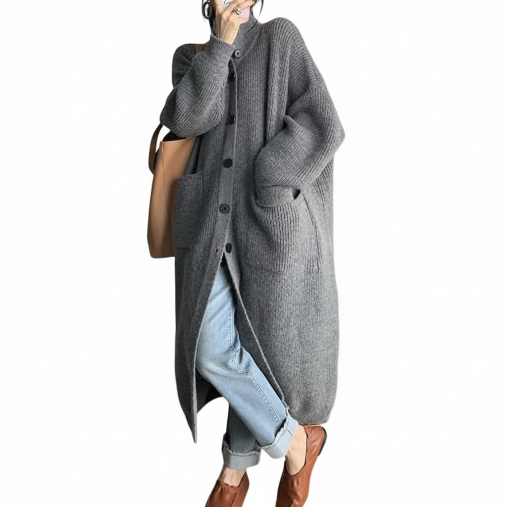 Womens Casual Turtleneck Button Down Chunky Knit Cardigan Sweater Oversized Long Sleeve Warm Long Outwear with Pockets