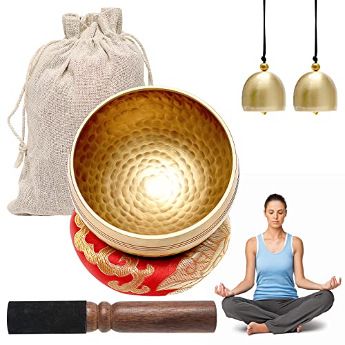 8.6cm Juego de 6 piezas que Incluye Cuenco Tibetano Hecho a Mano, Mazo De Superficie Doble y Cojín De Seda,2 Campanas y Bolsa, Juego de Cuencos Tibetanos para Cantar para Yoga, Meditación y Relajación