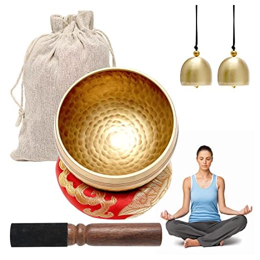 8.6cm Juego de 6 piezas que Incluye Cuenco Tibetano Hecho a Mano, Mazo De Superficie Doble y Cojín De Seda,2 Campanas y Bolsa, Juego de Cuencos Tibetanos para Cantar para Yoga, Meditación y Relajación