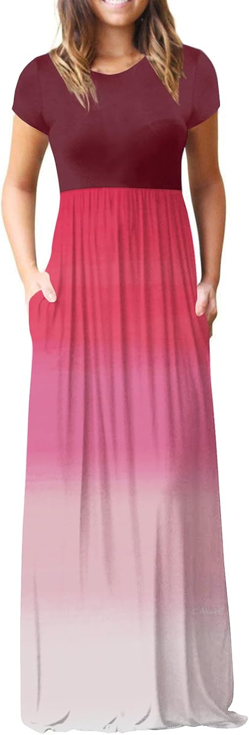 Petite Maxi Dresses for Women Fomal Empire Waist Dress Summer Flowy Casual Short Sleeve Crewneck Sundress