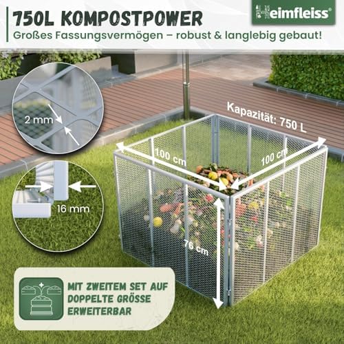 Bild 1 - Heimfleiss® Komposter Garten 100x100x75 cm | 750L Metallkomposter verzinkt & pulverbeschichtet | Metall Kompostbehälter für Rasenschnitt & Biomüll | Gartenkomposter mit Stecksystem | Kompost Behälter