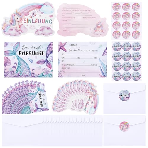 Vyuwast 24 x Einladungskarten Kindergeburtstag Einladung zur Einhorn-Party Meerjungfrau Party-Einladungen für Kinder, Geburtstags-Einladungen - für Geburtstag,Geschenke für Mädchen
