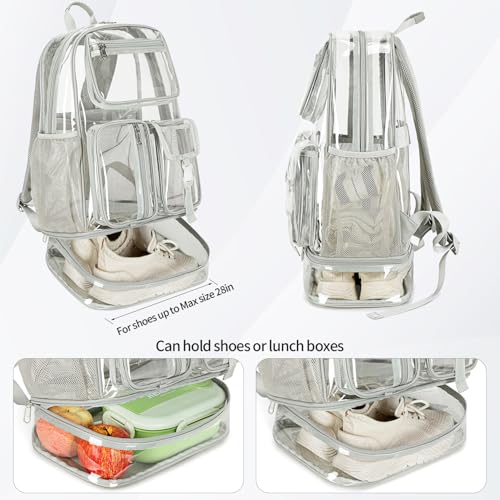 Image of Clear Backpack Heavy Duty for Sport Event,TPU Grey 16in with Shoe Warehouse | See Through Stitch durable plastic Multi-Pocket Design For School Adults work Warehouses Airport security,check events