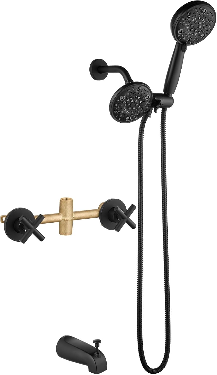 Aolemi 2 Handles Tub Shower Faucet Set with Valve Bathtub Combo Set Dual Shower Head System Complete Trim Kit Wall Mounted Matte Black