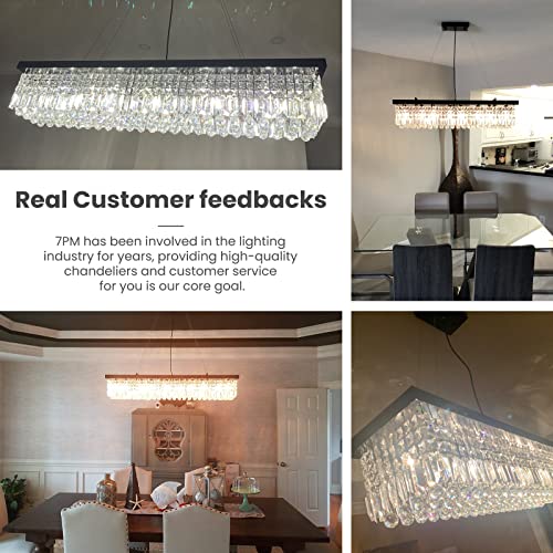 7Pm Rectangle K9 Crystal Chandelier Modern Rectangular Pendant Lighting Fixture For Dining Room Kitchen Island Bedroom Black L40 X W10 X H10 #TOP2