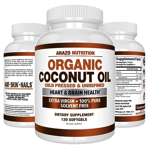 Arazo Nutrition Organic Coconut Oil 2000 MG Per Serving - 100% Extra Virgin Unrefined Cold Pressed for Weight Support, Skin, Hair, Nails - 120 Softgel Capsules