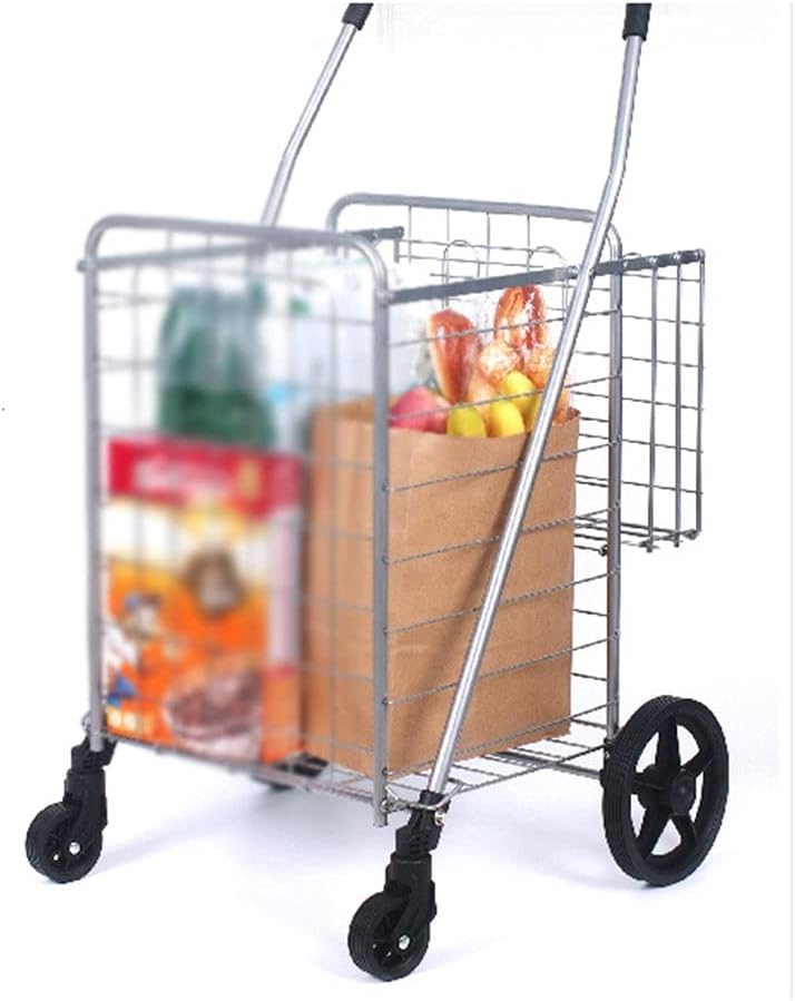 YYDS Shopping cart Double Frame Basket Universal Wheel Shopping Trolley Waterproof and Rustproof Foldable Steel Trolley Suitable for Storing Various Items Utility cart (Color : Silver)
