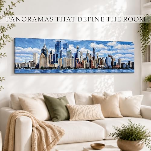 Image of New York City Skyline Stretched Canvas Wall Art Painting for Living Room, Horizontal Cityscape Canvas Wall Decor For Livingroom, Bedroom, Office, Hallway's, Hotel 12x46 Inch