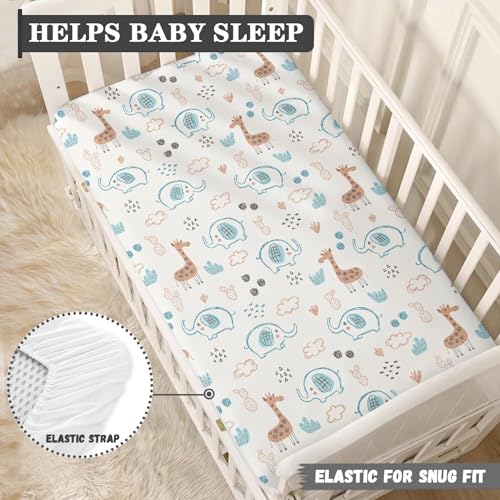 Image of Giraffe Baby Crib Sheets for Boys Girls Elephant Fitted Crib Sheet for Standard Crib and Toddler Mattress Cute Animal Baby Mattress Sheets Toddler Bed Sheet 52x28x8 in