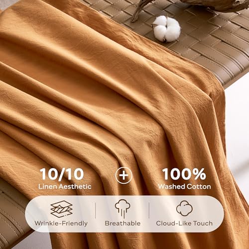 Image of JELLYMONI 100% Washed Cotton Duvet Cover Twin - Soft, Breathable Linen-Look Bedding with Natural Wrinkle Texture, Button Closure, 2-Piece Set (Amber Orange, 68 inchx90 inch)