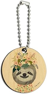 Happy Sloth Flowers in Hair Wood Wooden Round Keychain Key Chain Ring