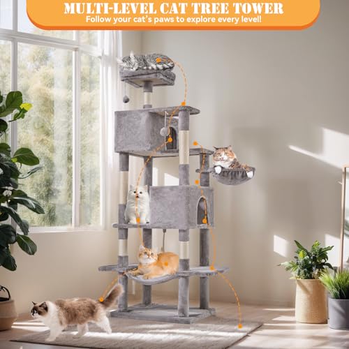 Image of Sweetcrispy 66 Inch Cat Tree Tower, Multi Level Cat Climbing Tower with Natural Sisal Scratching Posts, Hammock, Pet Condo for Indoor Cats and Kittens Play, Grey