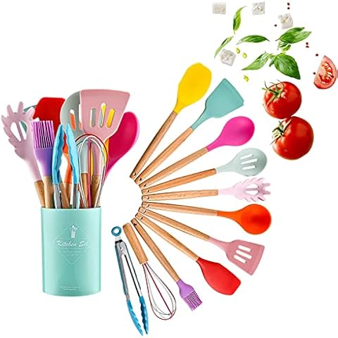 OLIYA Silicone Kitchen Utensils Set 12 Pieces Cooking Spoon Set with Wooden Handles, Non-Stick Heat Resistant Silicone Spatula Set, Suitable for Kitchen Beginners and Professionals - Colourful Cover