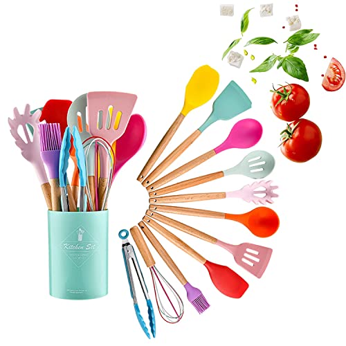 OLIYA Silikon Kochgeschirr Set (12 Pcs) Kochlöffel Set mit Holzgriffen,Antihaft Hitzebeständiger Silikonspatel Set, Geeignet für Küchenanfänger und Profis (Bunt) Cover