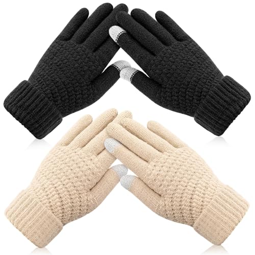 2 Par Guantes de invierno para mujer, Guantes Pantalla táctil para Frio, Cálidos Guantes de Punto Forrados Felpa Puño Elástico, Guantes de Tejidos...