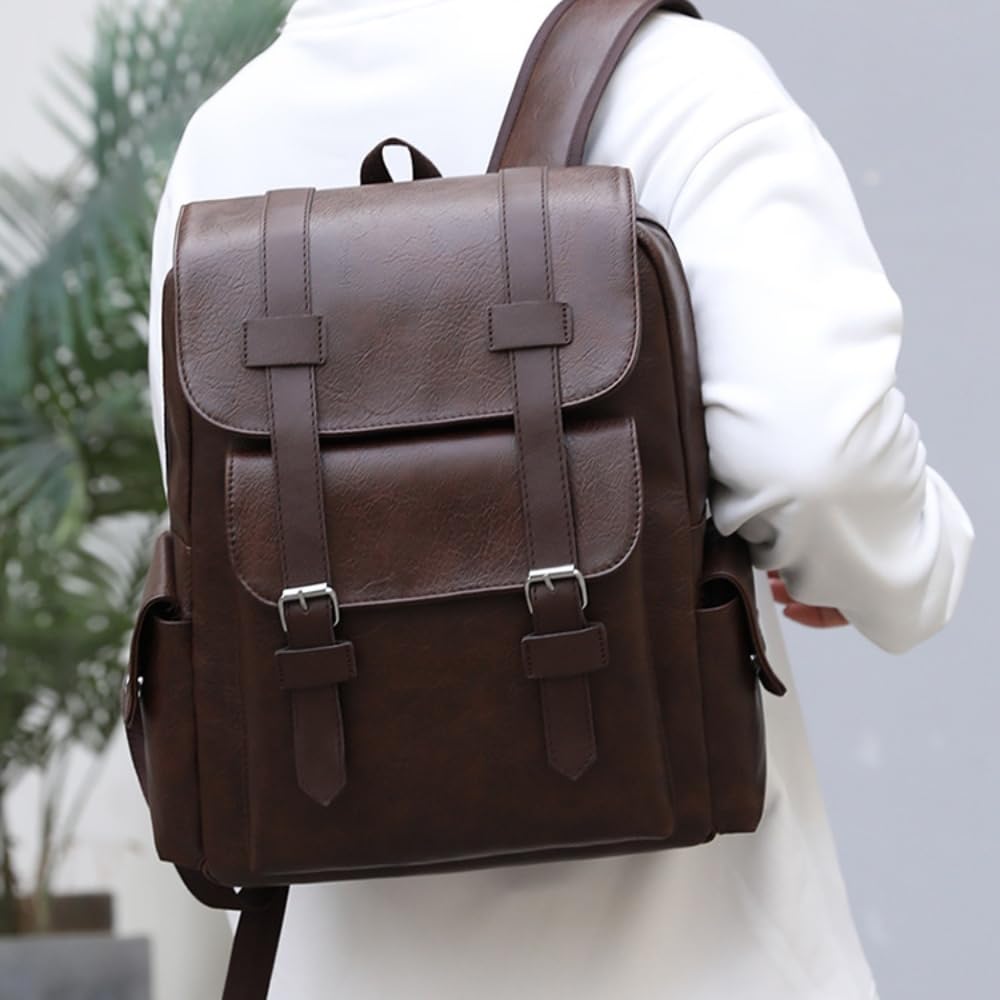 Mochila para hombre, gran capacidad, bolsa para laptop de 15.6 pulgadas, bolsa de hombro de piel sintética vintage para viajes y trabajo