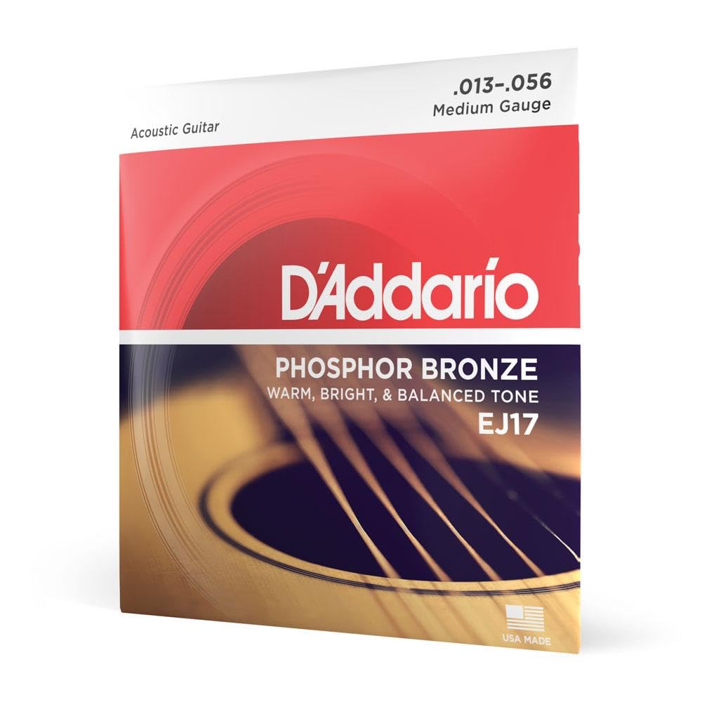 D'Addario Guitar Strings - Phosphor Bronze Acoustic Guitar Strings - EJ17 - Rich, Full Tonal Spectrum - For 6 String Guitars - 13-56 Medium