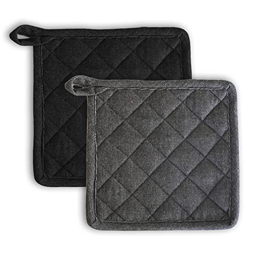 Image of 2 Pot Holder Heat Resistant Cotton Hot Pad or Pot Stand for Kitchen Cooking & Baking | Quilted Thick Fabric, Easy Grip, Hanging Loop (Black and Grey)