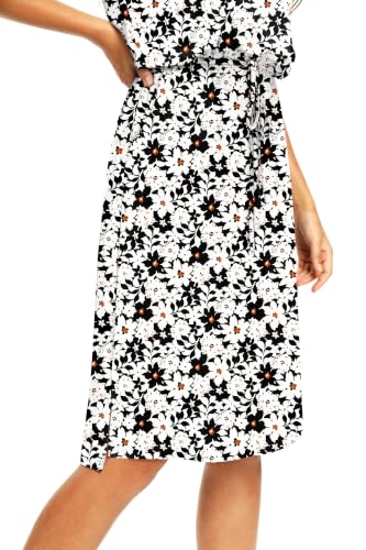Image of Simier Fariry Womens Summer Hide Belly Knee Length Travel Dress Pocket Short Sleeve Midi Work Casual Outfits