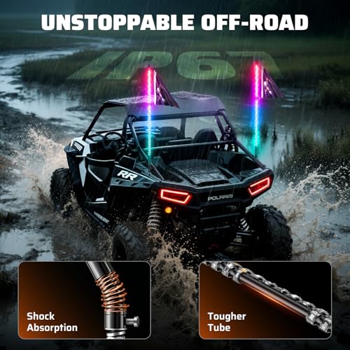 Image of Ehaho 1 PC 2FT Whip Lights with Spring Base, APP & Remote Control Led Whip Lights for Side by Side, Spiral RGB Chasing Lighted Whips with Rocker Switch, Music Led Whips for UTV ATV RZR SXS Can-Am