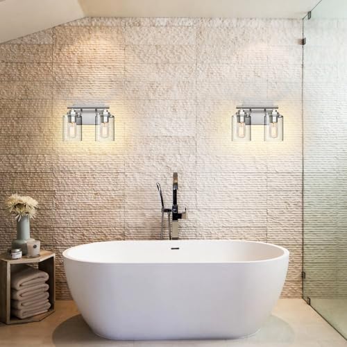 Image of SKEJAO Bathroom Vanity Light Over Mirror,Vanity Light for Bathroom,Bathroom Light Fixture Wall Sconce Lighting for Bedroom,Living Room (Nickel, 2-Light)