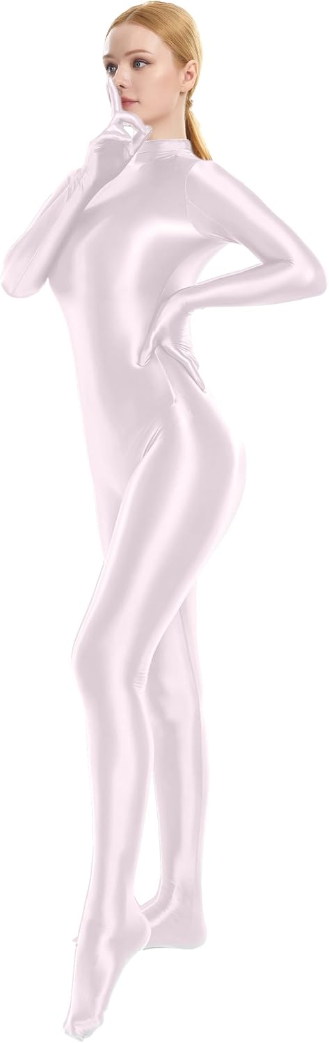 E EASILK Shiny FullBody Catsuit, High Neck Back Zipper Footed Jumpsuit for Women - Image 3