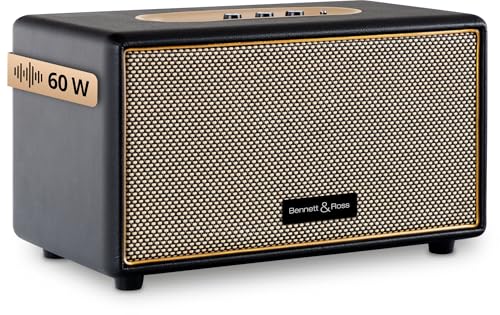 Bennett & Ross BB-860BK Blackmore - Retro Bluetooth Lautsprecher in Lederoptik - 60W Stereo Speaker mit Bass - USB-Anschluss - kabelgebundene Vintage Box - 3,5mm Klinke Aux-Anschluss - Schwarz