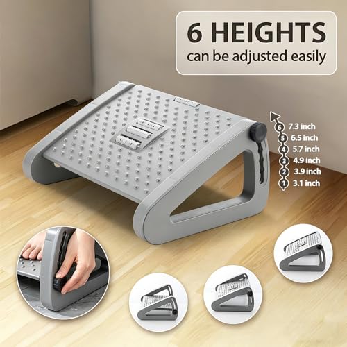Image of CasaZenith Foot Rest, Six Heights Adjustable Foot Rest for Under Desk at Work, Ergonomic Foots Stool for Under Office Desks, Under Desk Footrest with Foot Massage Roller, Chair Footrest - Gray