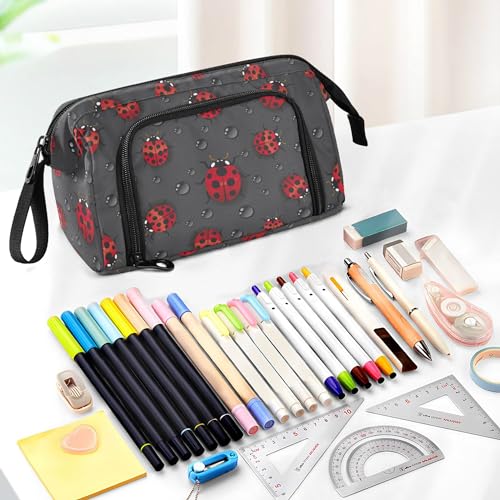 Image of Fisyme Red Ladybugs Pencil Case Large Capacity Pencil Pouch Pen Bag Box Big Makeup Pencil Case Organizer
