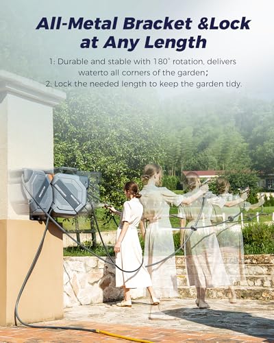 WACOTOYA Retractable Garden Hose Reel 5/8 in x 130 ft Professional Metal Bracket & 9-Pattern Metal Nozzle UV Resistant Brass Fitting Heavy Duty Wall Mount Any Length Lock Slow Retraction 180° Swivel - Image 6