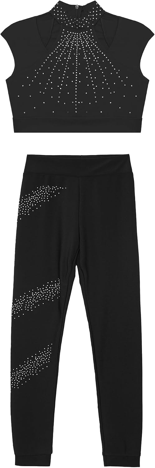 Kids Girls Sport Tracksuit Outfit Sleeveless Crop Tops and Athletic Leggings Figure Skating Training Suit