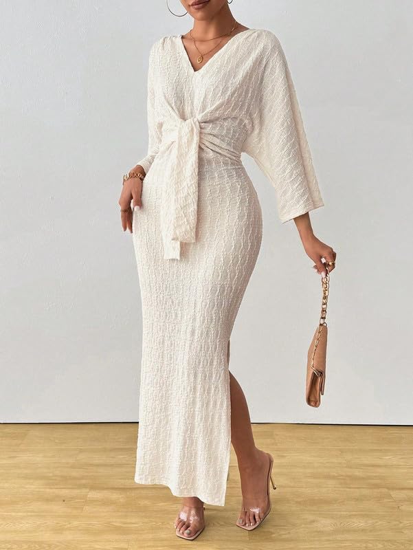 SISKIN Fall Dresses for Women 2025, Long Sleeve Maxi Split V Neck Solid Color Elegant Formal Cocktail Casual Dresses - Image 4