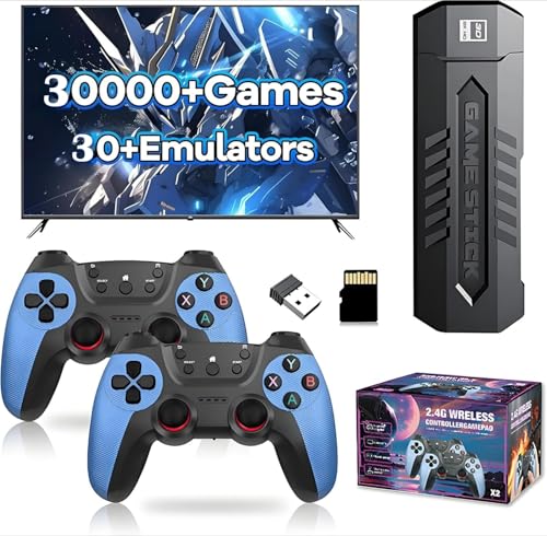 X2 Blue Retro Game Stick, Plug & Play Consola de video 4K con 128G 40.000+ juegos clásicos, 30+/40+ emuladores, incluye 2 controladores inalámbricos de batería recargable de 2.4G para TV (carga X2 64G