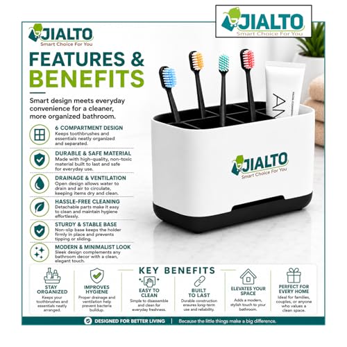 Image of JIALTO Toothbrush Holder for Bathroom ABS Plastic Easy Wall Mounted No Drilling Storage Self Adhesive Magic Sticker Holders Organizer Suitable for Family and Dorm - Toothbrush Holder Big - Black