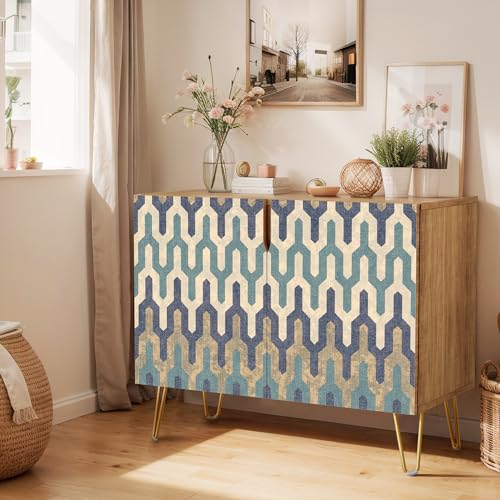 SIGNWIN Sideboard Buffet Cabinet, Kitchen Storage Cabinet with 2 Doors, Colorful Blue Geometric Patterns, Cupboard Console Table for Dining Room - 35" L x 18" W x 29" H