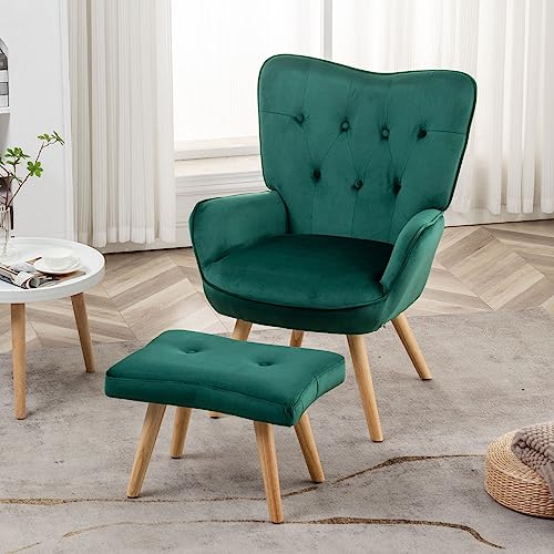 HollyHOME Ohrensessel mit Hocker Sessel mit Hocker Sessel Wohnzimmer & Schlafzimmer Samt Relaxsessel Lesesessel Lounge Sessels Armlehnensessel, Grün