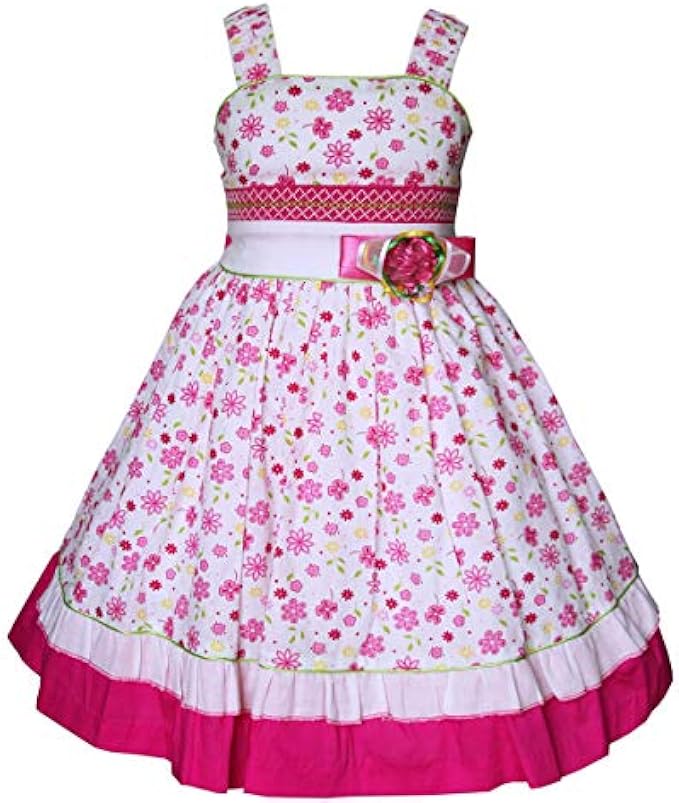 Carouselwear Girls Pink Summer Dress with Twirly Floral Skirt and Smocking