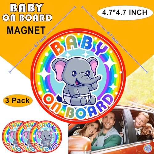 Image of Baby on Board Magnet for Car, Reflective Babies on Board Magnetic Sticker Car Sign, 3 Pack Waterproof Kids Safety First Warning for Parents (Rainbow Elephant)