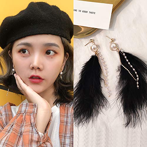 Chwewxi White elegant fairy long feather earrings Chao Chaoxian fringed Korean temperament earrings female, beaded tassel black feather