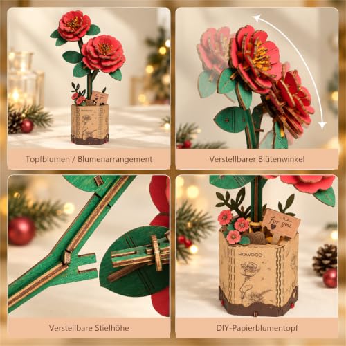 rowood Künstliche Blume Rote Kamelie, 3D Holzpuzzle DIY Modellbausatz – Ansicht 3