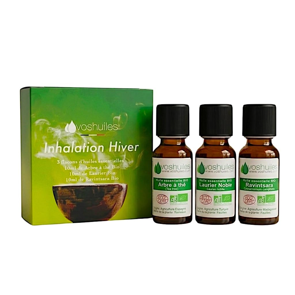VOSHUILES Kit d'huiles essentielles BIO Ravintsara- Laurier Noble- Tea Tree, 3x10ml